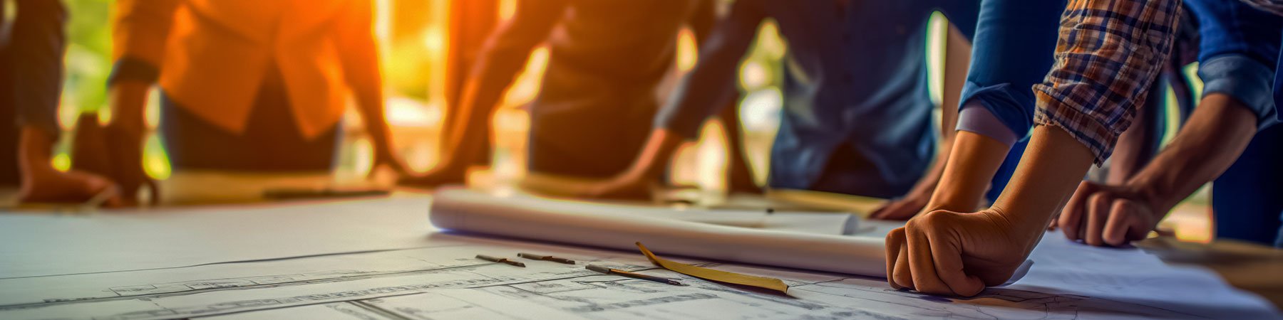 group of employees gathered around a table reviewing plans